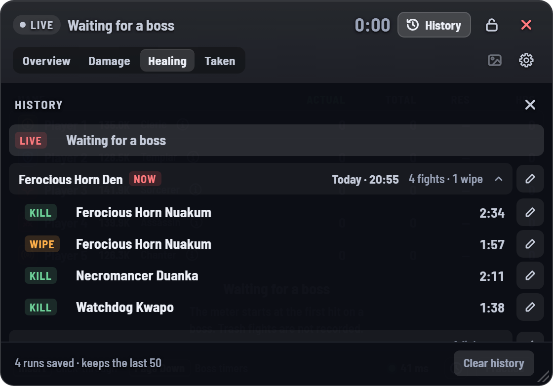 History: a Ferocious Horn Den run with four fights, three kills and one wipe, each with its duration