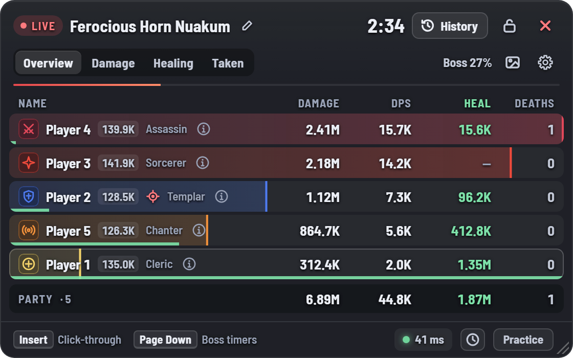 The meter's Overview tab during a boss fight: damage, DPS, healing and deaths for five players of different classes, with a party total