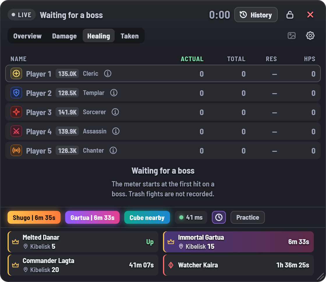 The meter while waiting for a boss: the party list, the Shugo, Gartua and hidden cube alerts, and live boss timers with kibelisk numbers